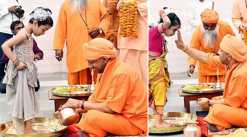 सीएम योगी ने मठ में किया कन्या पूजन, खुद अपने हाथों से परोसा भोजन